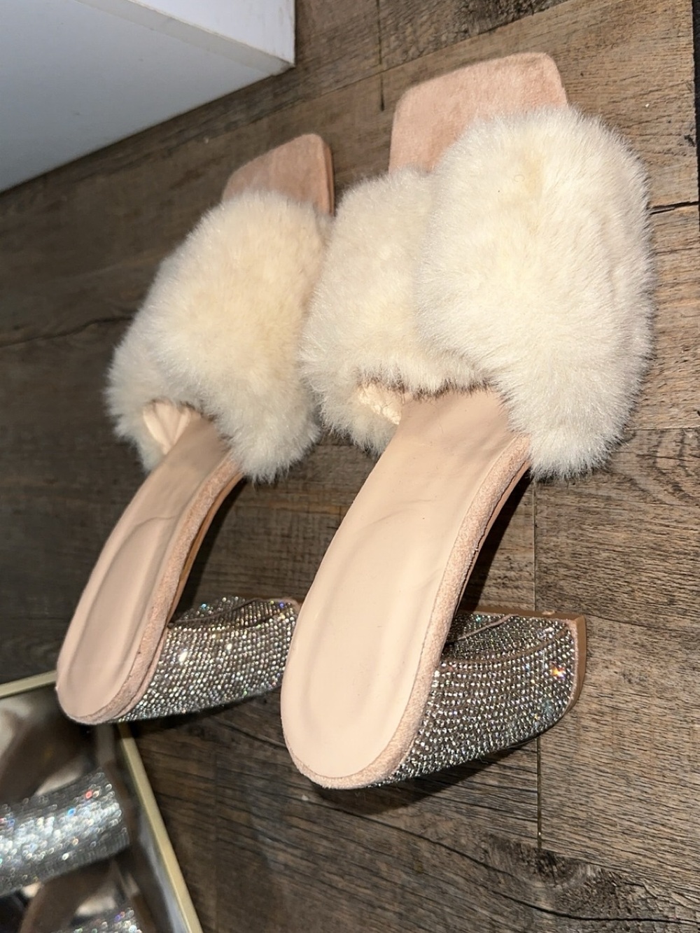 Faux Fur Slide Heels in Beige with Rhinestone Block Heel